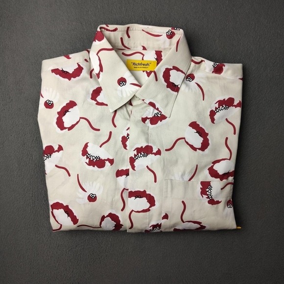 Richfresh Shirt Mens Large White Red Floral Print Button Up Long Sleeve Made USA